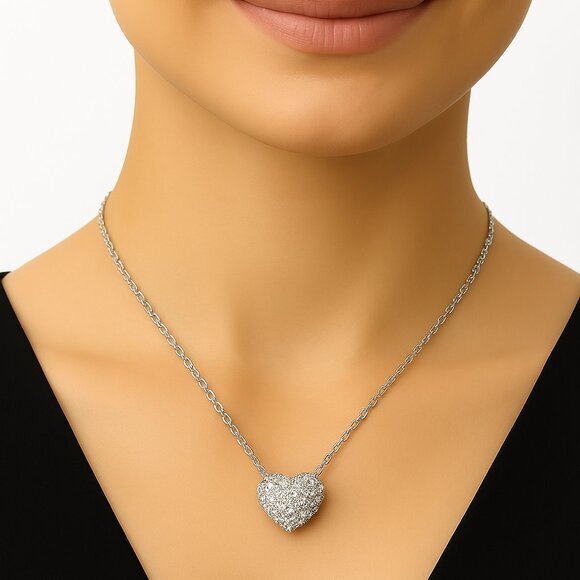 Heart Pendant Necklace – Sterling Silver Overlay - Sparkling Swarovski Crystal - Picture 1 of 12